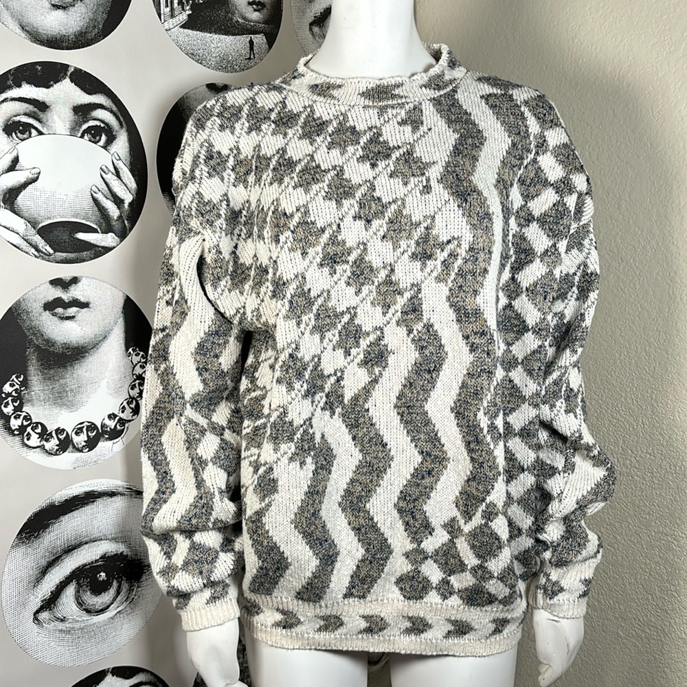 Steeplechase Vintage 80s Cream & Tan Mixed Pattern 100% Cotton Knit Sweater Sz L